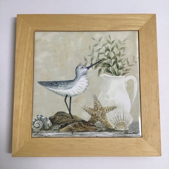 Vintage Diane Arthurs Framed Ceramic Tile Trivet Sandpiper Shells 8x8” Wall Art - Picture 12 of 14